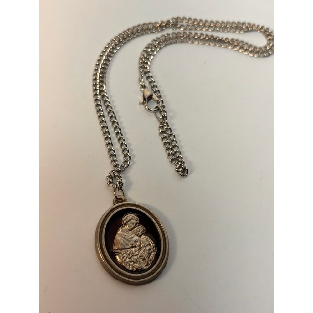 Vintage St. Anthony Religious Medal Silver Tone Necklace Catholic Boho Goth